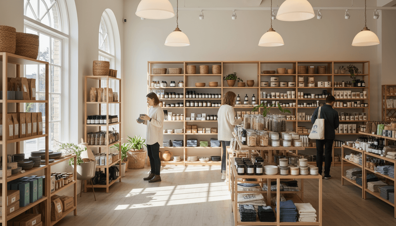 Welcoming retail marketplace with curated products and warm lighting